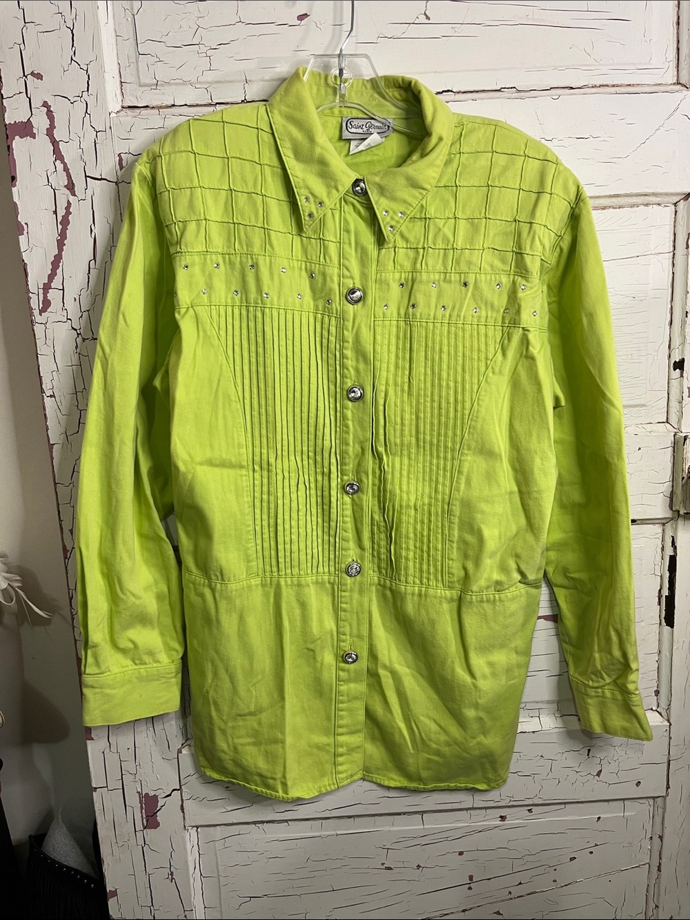 Vintage Saint Germain Paris Women’s Lime Green Button-Up Shirt 100% Cotton Med